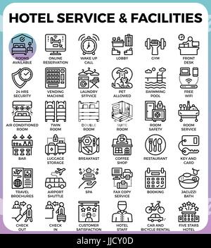 Hotel-Service & Einrichtungen Konzept detailliert Linie Symbole inmitten einer modernen Linie Symbol-Style-Konzept für app-Design, Web, Ux, ui Stock Vektor