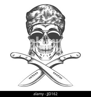 Menschlicher Schädel mit Machete. Vektor-Illustration im Tattoo-Stil gezeichnet. Stock Vektor