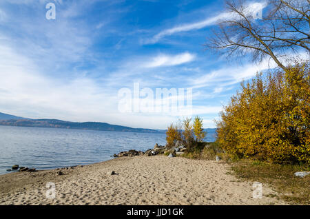 Ufer des Lipno-See mit Strand im Herbst in der Tschechischen Republik. Stockfoto