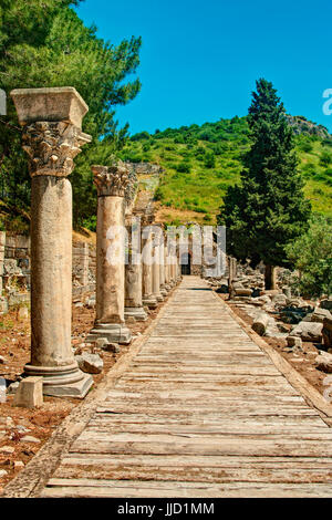 Holz- Lane mit Säulen und Bäume neben in der antiken Stadt Ephesus an sonnigen Tag gegen den klaren blauen Himmel, Türkei Stockfoto