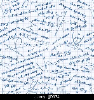 Vektor Mathematik nahtlose Muster mit verschiedenen Zeichen, zahlen, Formeln und Graphen von Funktionen. Mathe-Arbeitsmappe-Hintergrund Stock Vektor