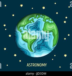 Astronomie-Hintergrund. 3D Papier geschnitten Erde aus dunklen Raum-Vektor-Illustration.  Papier, schnitzen Erde Karte Formen mit Schatten auf dunklem Hintergrund mit sta Stock Vektor