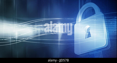 Glänzende Sperre auf schwarzem Hintergrund gegen blaue Linien auf schwarzem Hintergrund Stockfoto