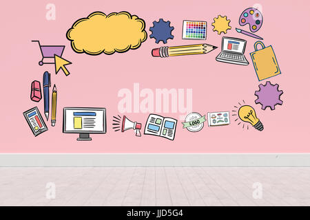 Digital erzeugte Bild der verschiedenen Computer-Icons Rosa Wand von Hartholz-Fußboden Stockfoto