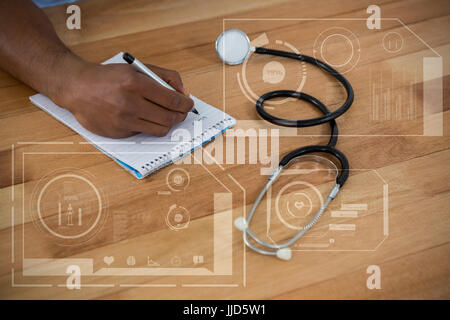 Menschliche Leistung Illustration über schwarzen Hintergrund gegen Arzt schreiben Rezept auf Merkzettel Stockfoto