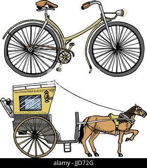 Kutsche oder Bus und Fahrrad, Fahrrad oder Veloziped. Abbildung zu reisen. gravierte handgezeichnete im alten Stil Sketch, Oldtimer Transport. Stock Vektor