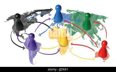Skizze oder handgezeichneten Konzept für Globalisierung, weltweite Vernetzung, Reisen oder globale Verbindung oder Transport. Bunte Figuren mit Pfeilen zu verbinden. Stockfoto