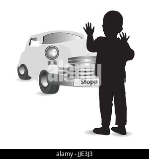 Kindersicherheit auf dem Boden. Auto-Unfall-Konzept. Silhouette eines jungen und eines Autos. Abbildung Dsymbolism. Für Ihr design Stock Vektor