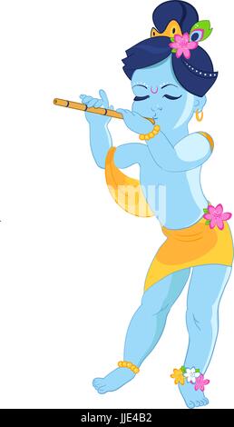 kleines Baby Lord Krishna spielt Querflöte, Cartoon Illustration ein Indianerfest Stock Vektor