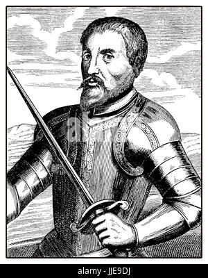 Porträt von Hernando De Soto, spanische Entdecker und Conquistator, führte die erste europäische Expedition in das Gebiet von Nordamerika, Überquerung des Missisipi-Flusses im XVI. Jahrhundert Stockfoto