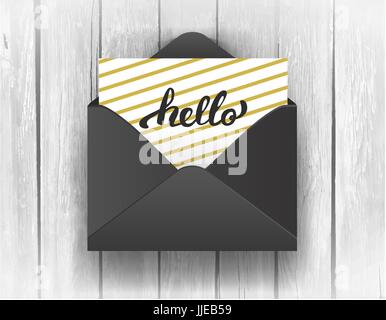Schwarzer eröffnet Umschlag mit Hallo Schriftzug auf hölzernen Hintergrund. Stock Vektor