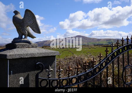 Stein-Adler und Geländer am Eingang zum Hof in der Nähe von Ballycarbery Castle und Inch Strand im County Kerry, Irland Stockfoto