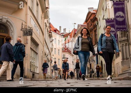 Besucher in Estlands Hauptstadt Tallinn, zu Fuß die gepflasterten Gassen in der Altstadt. Gegründet im Jahre 1248, Tallin gilt einer der am besten erhaltenen mittelalterlichen Städte Europas. Stockfoto