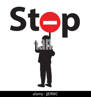 Unfall auf der Straße-Kinder zu stoppen. Gefahr-Konzept. Illustration für Ihr Design. Junge Silhouette hält in Händen ein Stop-Schild auf rotem Grund. Stock Vektor