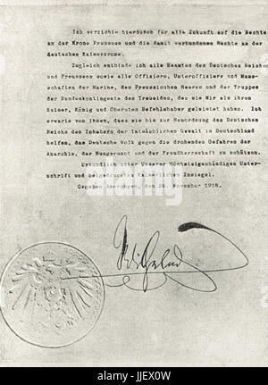 Kaisers Abdankung Brief, 28. November 1918 Stockfoto