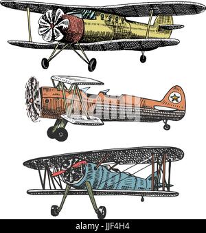 Satz von Passagier Flugzeuge Maiskolben oder Flugzeug Luftfahrt Reisen Illustration. gravierte handgezeichnete im alten Stil Sketch, Oldtimer Transport. Stock Vektor