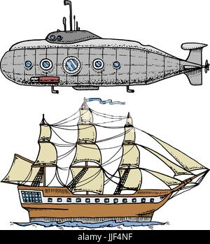 Tauchgänge vom Militär-u-Boot oder Unterwasser Boot mit Periskop zur Tiefsee. Kreuzfahrtschiff oder Segelboot Illustration. gravierte handgezeichnete im alten Stil Sketch, Oldtimer Transport. Stock Vektor