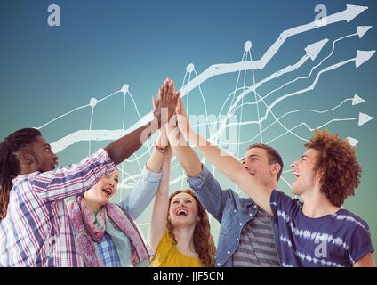 Digitalen Verbund aus trendigen Team Zusammenstellung Hände gegen weiße Grafik und blau grünen Hintergrund Stockfoto