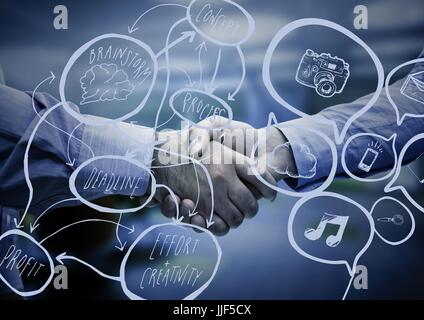 Digitalen Verbund des Handshakes im blue Room überlagert mit leichten blauen doodles Stockfoto