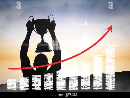 Digitalen Verbund von Unternehmen der Hand mit Trophäe Schatten und Grafik Stockfoto