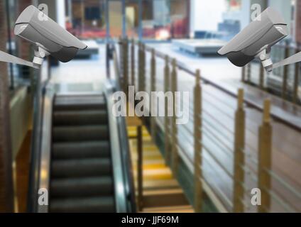 Digitalen Verbund von CCTV gesteuert Mechaniker Treppe in einem Einkaufszentrum Halle Stockfoto