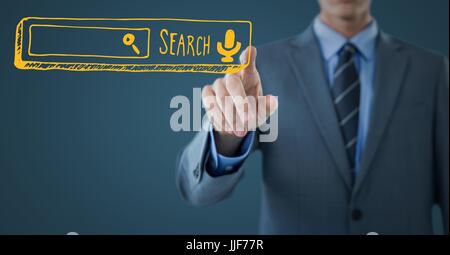 Digitalen Verbund der Geschäftsmann Mittelteil berühren gelbe Suchleiste dunklen blauen Hintergrund Stockfoto