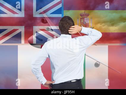 Digital Composite Hauptsprache Flaggen um Mann zu denken. Flugzeug-Hintergrund Stockfoto