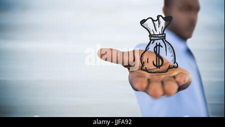 Digitalen Verbund der Geschäftsmann mit Geld-Beutel-Grafik in der ausgestreckten Hand gegen verschwommene blaue Holzplatte Stockfoto