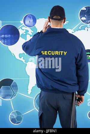 Digitalen Verbund der Rückansicht der Wachmann Blick auf verschiedene Symbole gegen Weltkarte Stockfoto
