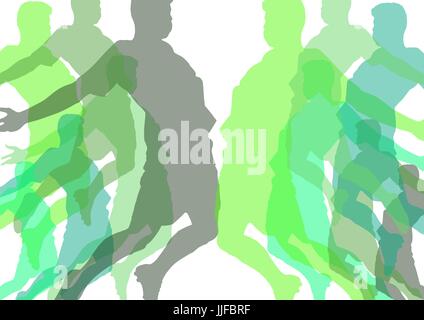 Digitalen Verbund aus Mann springt Silhouetten im Bereich des Grüns mit Deckkraft. Weißem Hintergrund Stockfoto