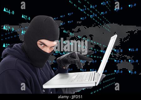 Digitalen Verbund der Hacker mit seinem Laptop gegen Welten map Stockfoto