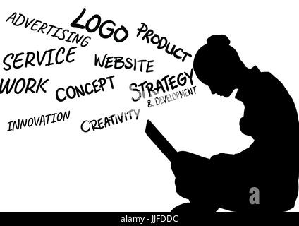 Digital Composite Frau mit Computer-Silhouette mit Worten aus dem Kopf Stockfoto