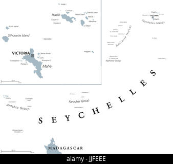 Seychellen politische Karte mit Hauptstadt Victoria auf der Insel Mahe. Republik, Schären und Land im Indischen Ozean. Graue Abbildung. Stockfoto