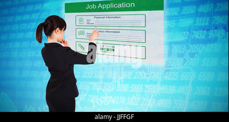 Nachdenklich Geschäftsfrau zeigt gegen Aktien Stockfoto