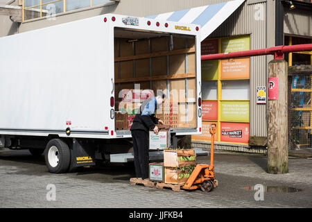 Mann entladen Produkte von der Rückseite eines LKW. Stockfoto