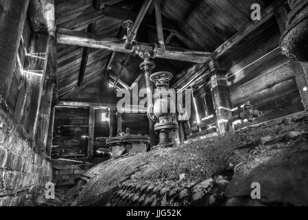 Eine alte, verlassene Dampfkessel in Holz eingefasst. Stockfoto