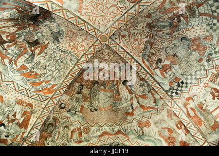 Ein Blick auf die Dänische mittelalterlichen religiösen Fresken aus dem 13. Jahrhundert im gotischen Stil Zeigen Sie über die Diagnosefunktion Kirche von dem Maler der Isefjord Master um von Ja erstellt Stockfoto