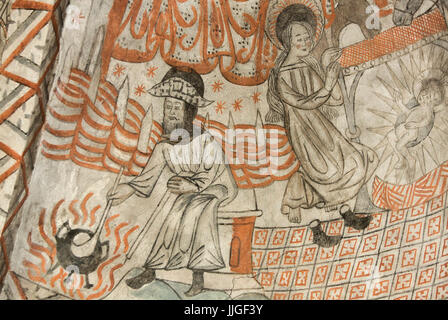 Dänischen mittelalterlichen religiösen Fresken im 13. Jahrhundert gotische Stil Tuse Kirche Darstellung Teil der Krippe durch den Isefjord Meister aus um Stockfoto