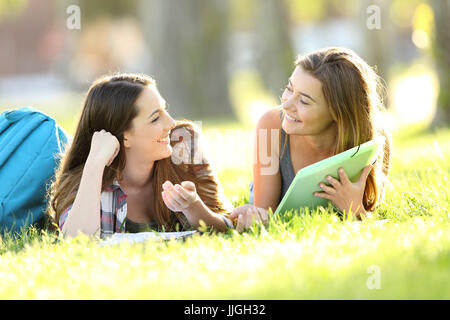 Zwei Studenten sprechen, liegen auf dem Rasen in einem Uni-campus Stockfoto