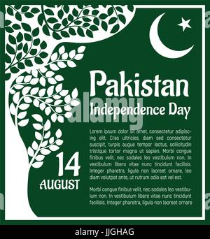 Pakistan-Unabhängigkeitstag, August 14. Grußkarte mit orientalischen Ornament, grüne Blätter und Symbol des Islam, Stern und Halbmond Stock Vektor