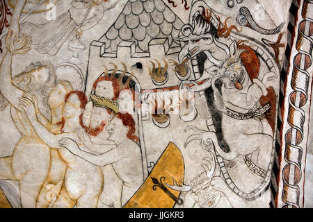 Dänischen mittelalterlichen religiösen Fresken in der Undloese Kirche Darstellung der Lland der Toten gemalt durch den Isefjord Meister aus um Jahr 1450 n. Chr. Jesus Ch Stockfoto