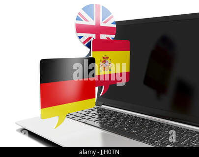 3D Illustration. Laptop mit Blase Rede Fahnen.  Übersetzen Sie Sprachen online lernen, Konzept. Isolierten weißen Hintergrund Stockfoto