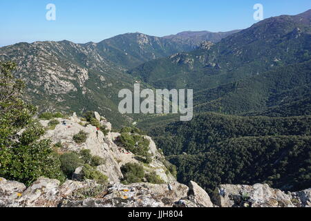 Das Tal von Lavail in den Pyrenäen Orientales, massiv des Alberes, Mondonville, Roussillon, Südfrankreich Stockfoto