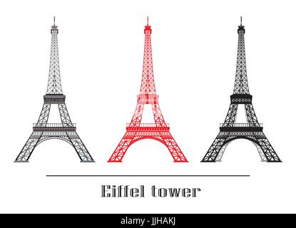 Satz von Vektor-Illustration grau, rot und schwarz Eiffelturm isoliert auf weißem Hintergrund Stock Vektor