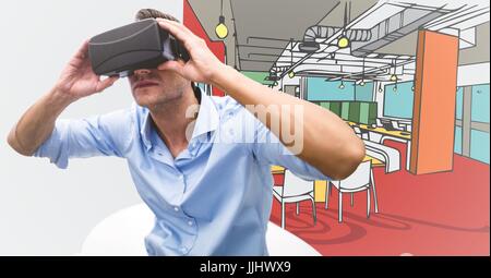 Geschäftsmann in virtual-Reality-Kopfhörer sitzen in weißen Stuhl gegen 3D Hand gezeichnet, Büro- und Pfingstmontag Stockfoto