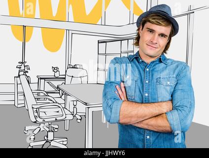 Tausendjährige Mann Arme verschränkt in Fedora gegen 3d grau und gelb handgezeichnete Büro Stockfoto