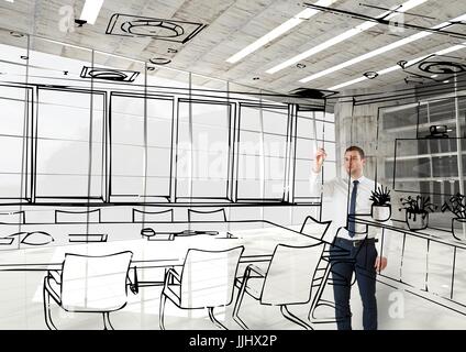 Mann 3D Zeichnung fiktive Büro Geschäftsfelder im Büro Stockfoto