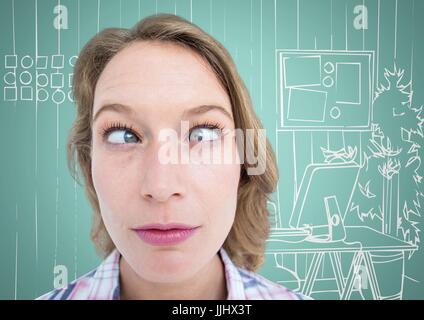 Tausendjährige Frau lustiges Gesicht gegen Aqua und weiß hand gezeichnete Büro Stockfoto