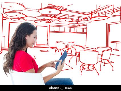 junge Frau mit Tablet-PC sitzen im Büro rote Linien Stockfoto