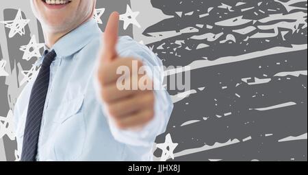 Geschäftsmann Mittelteil geben Daumen gegen graue Hand gezeichnet amerikanische Flagge Stockfoto